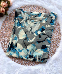 Gray and Blue with Half White V Neck Floral Flex Cotton Kurti with Pocket / LSS179