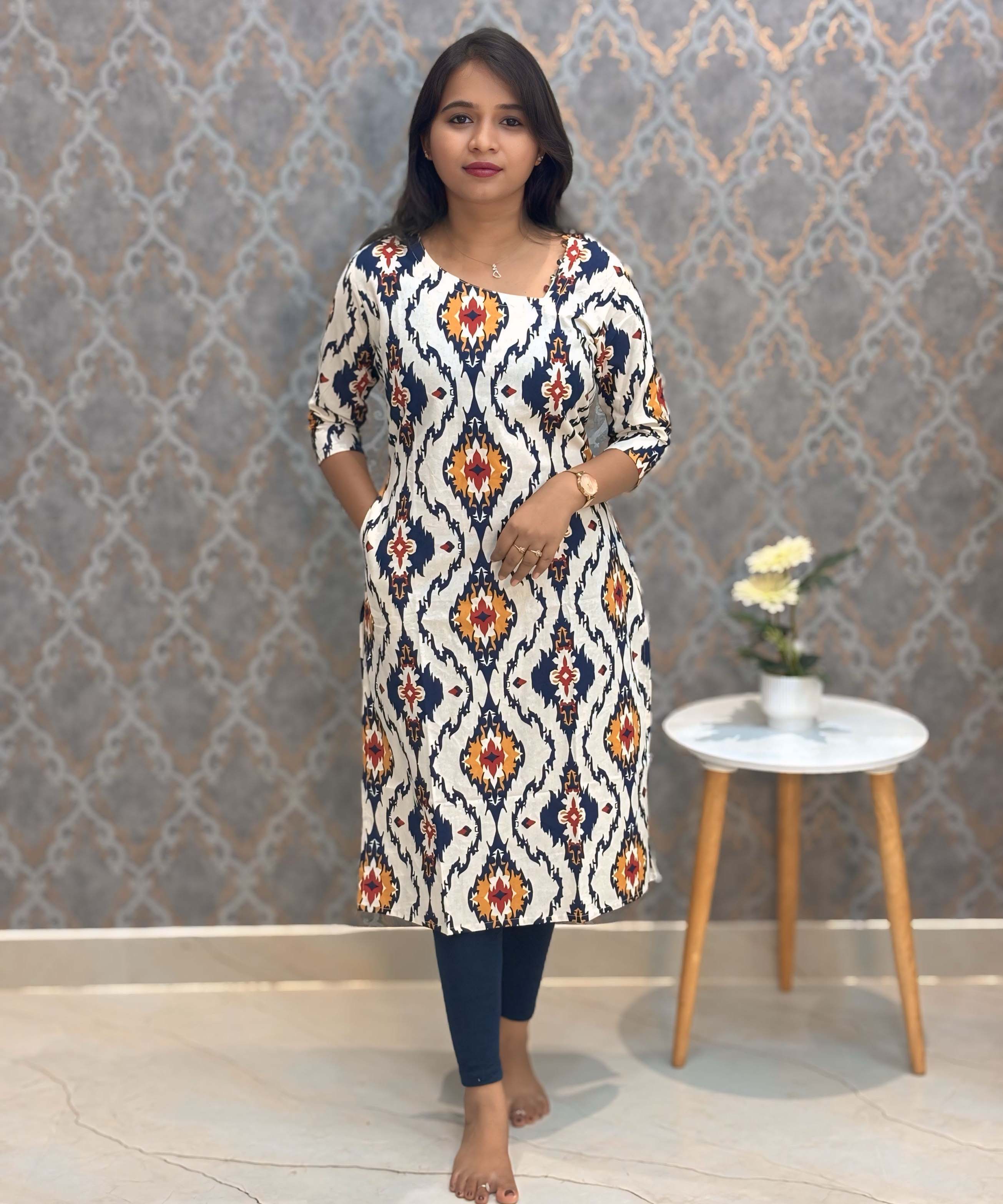 Navy Blue and Half White Side Pattern Neck Floral Flex Cotton Kurti with Pocket / LSS179