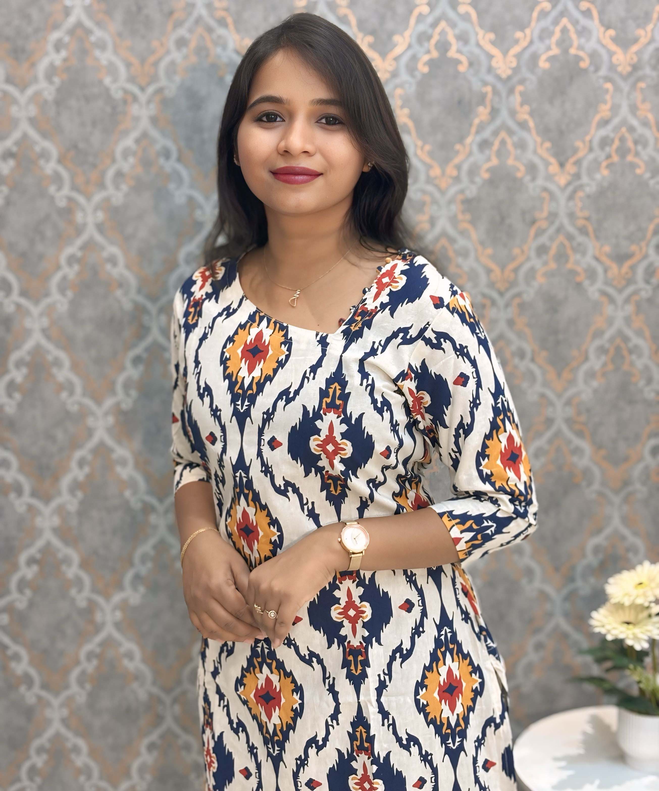 Navy Blue and Half White Side Pattern Neck Floral Flex Cotton Kurti with Pocket / LSS179