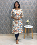 Sky Blue and Orange with Half White Color Sweet Heart Neck Floral Flex Cotton Kurti with Pocket / LSS179
