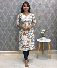 Sky Blue and Orange with Half White Color Sweet Heart Neck Floral Flex Cotton Kurti with Pocket / LSS179