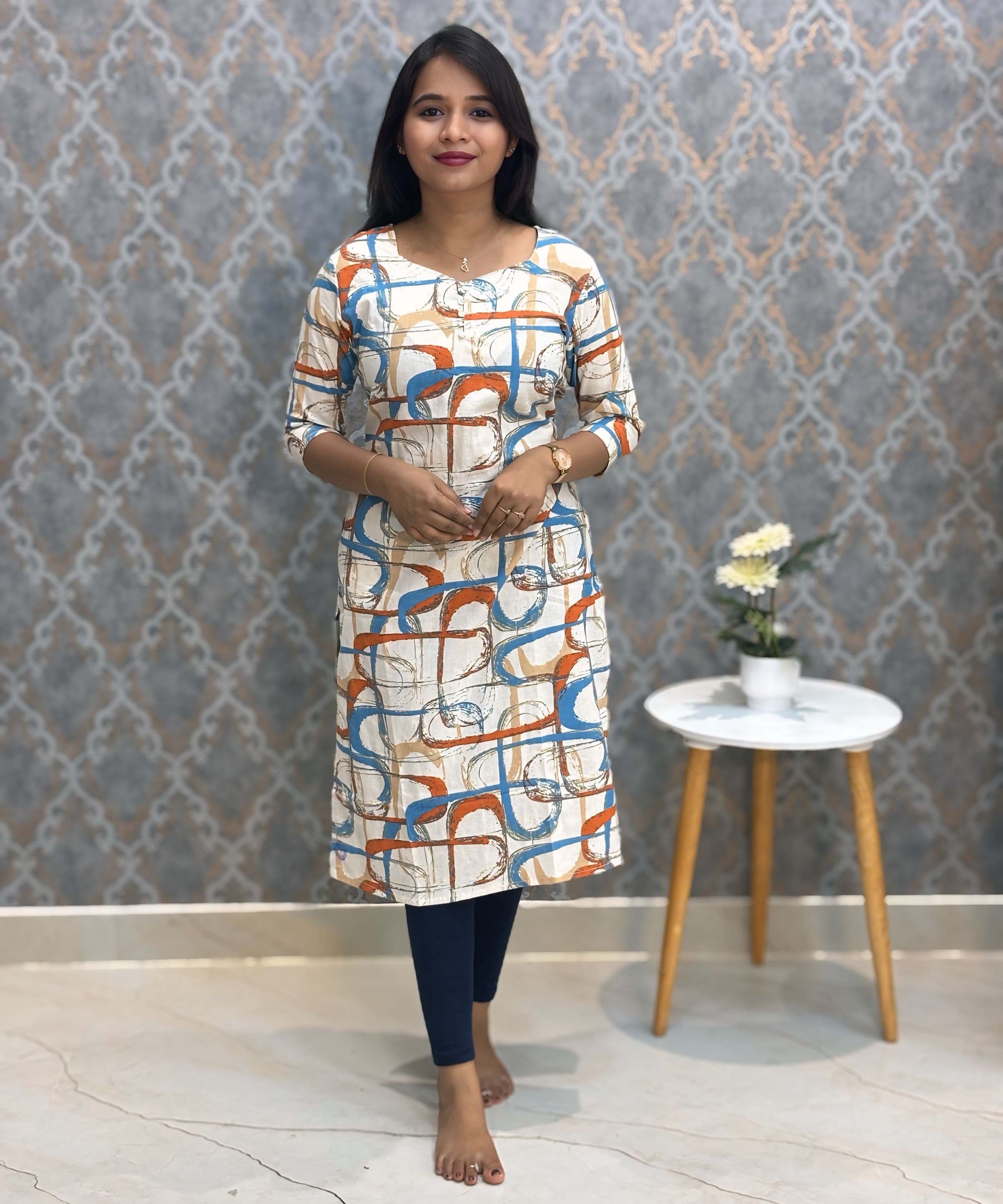 Sky Blue and Orange with Half White Color Sweet Heart Neck Floral Flex Cotton Kurti with Pocket / LSS179