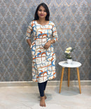 Sky Blue and Orange with Half White Color Sweet Heart Neck Floral Flex Cotton Kurti with Pocket / LSS179