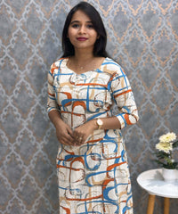 Sky Blue and Orange with Half White Color Sweet Heart Neck Floral Flex Cotton Kurti with Pocket / LSS179