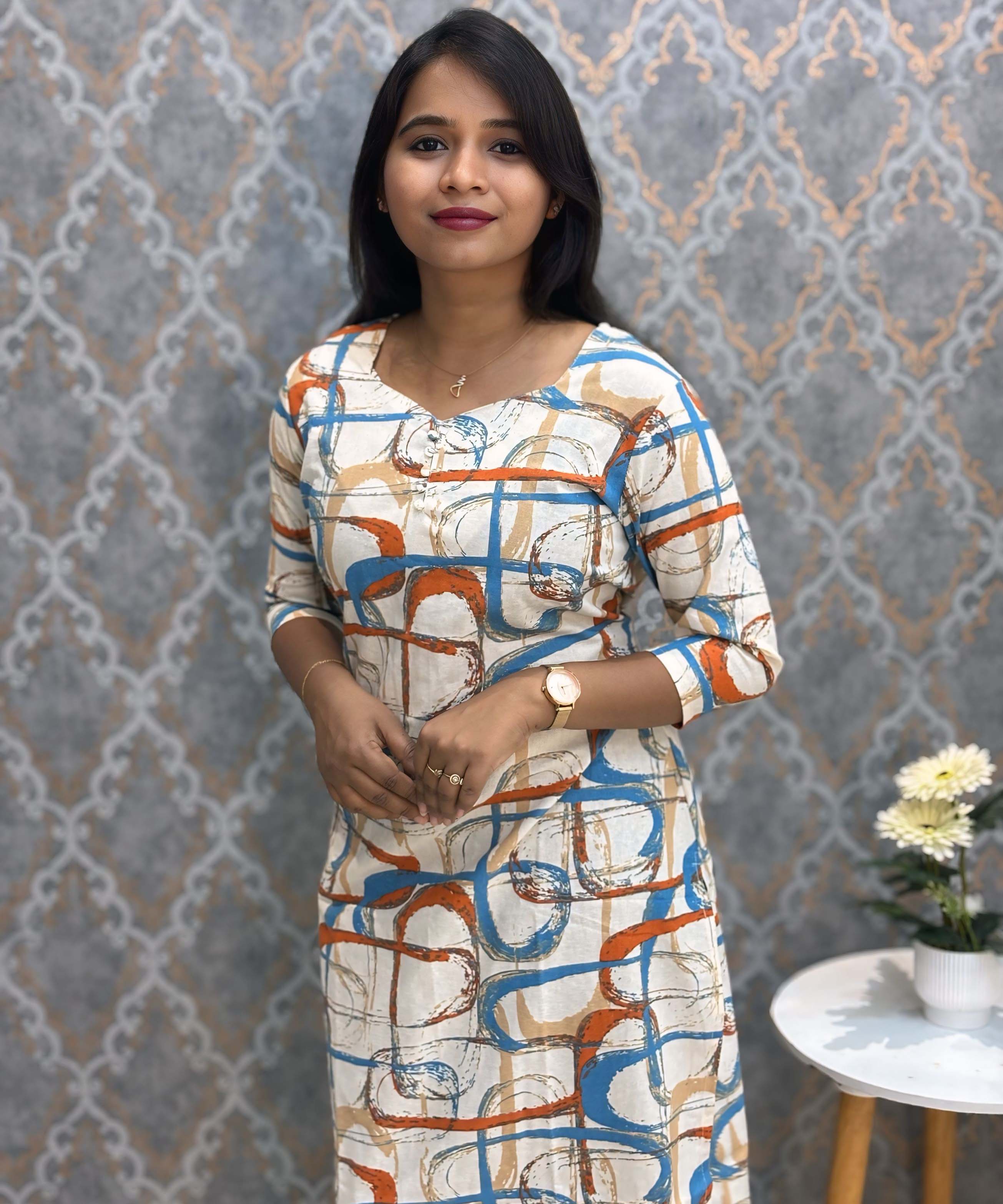 Sky Blue and Orange with Half White Color Sweet Heart Neck Floral Flex Cotton Kurti with Pocket / LSS179