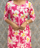 Pink with Half White Sweet Heart Neck Floral Flex Cotton Kurti with Pocket / LSS179