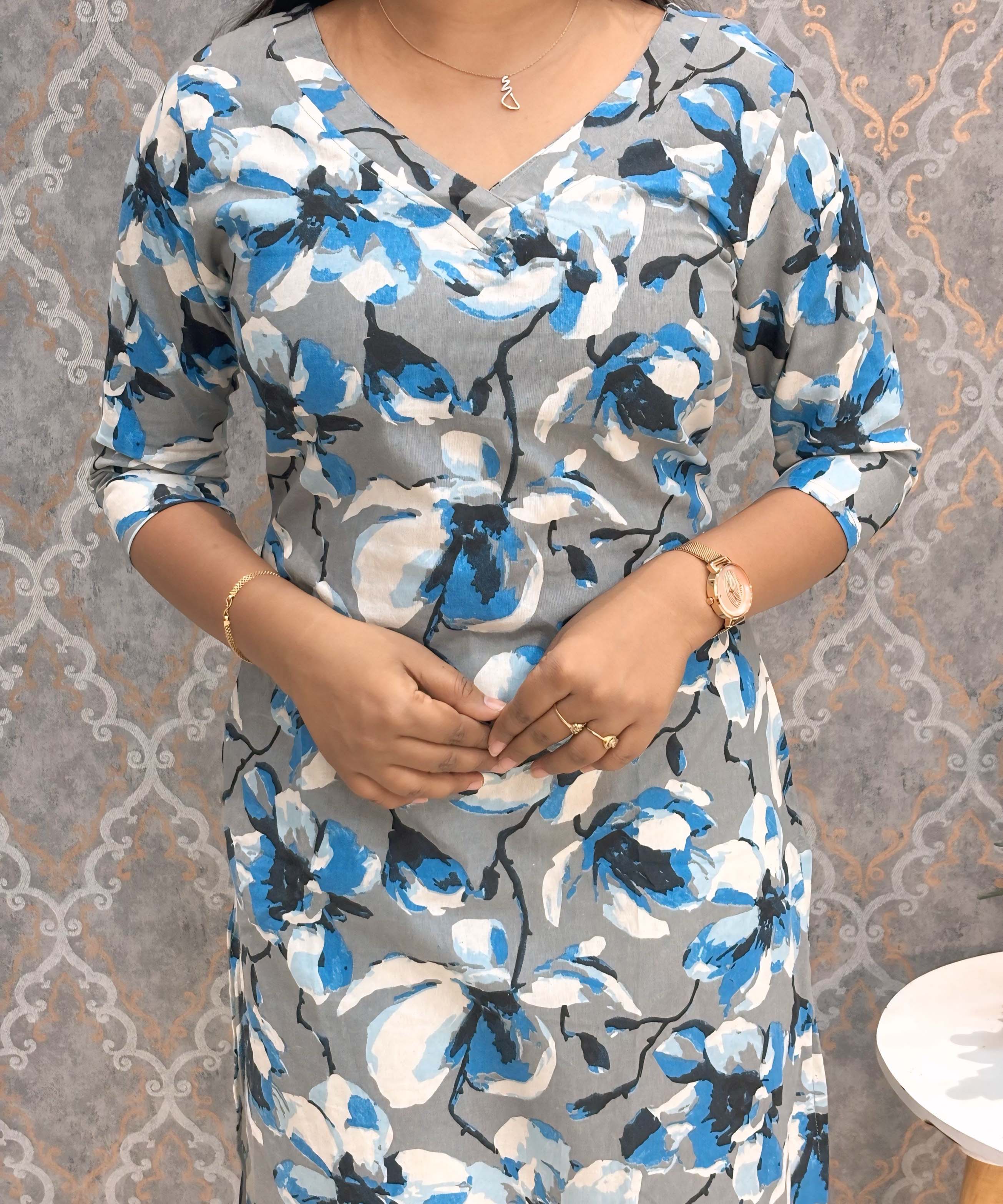 Gray and Blue with Half White V Neck Floral Flex Cotton Kurti with Pocket / LSS179