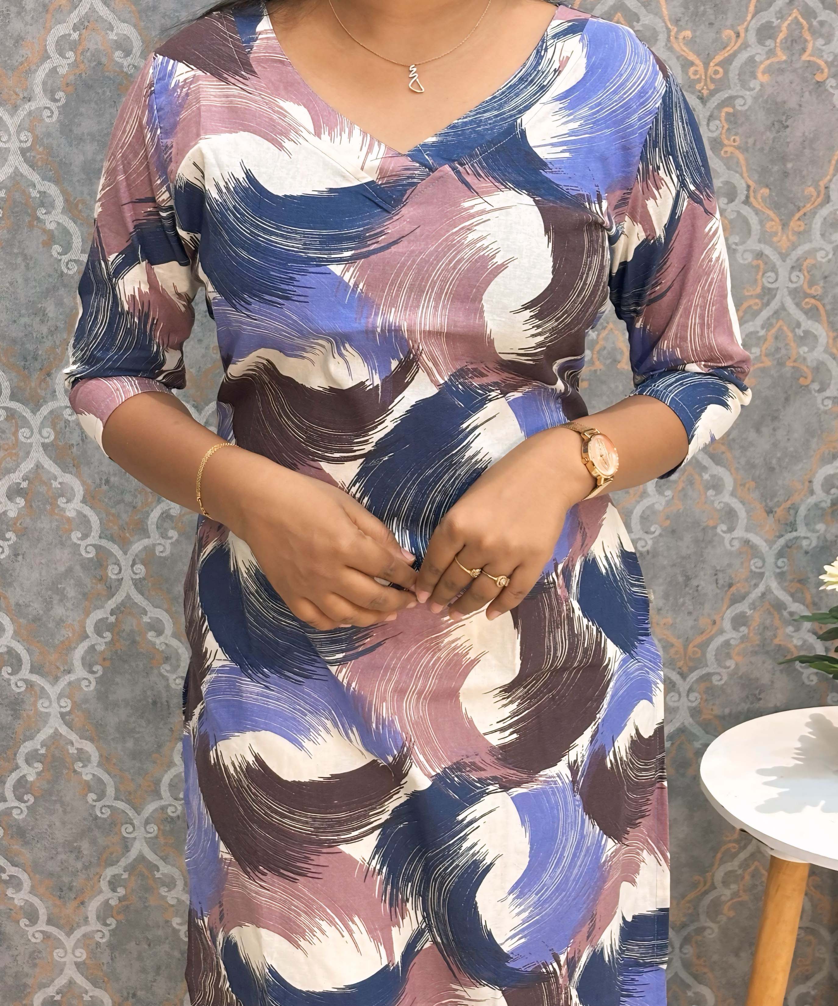 Blue and Brown with Half White V Neck Floral Flex Cotton Kurti with Pocket / LSS179