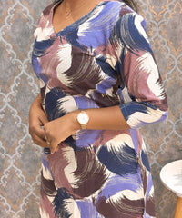 Blue and Brown with Half White V Neck Floral Flex Cotton Kurti with Pocket / LSS179