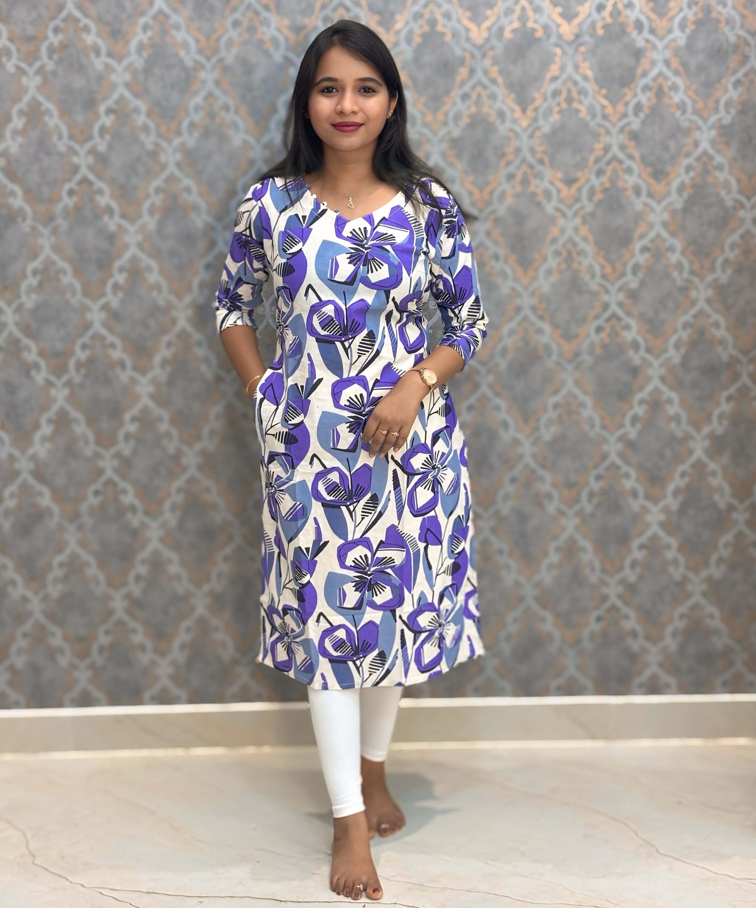 Purple and Gray with Half White Color V Neck Floral Flex Cotton Kurti with Pocket / LSS179