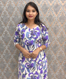 Purple and Gray with Half White Color V Neck Floral Flex Cotton Kurti with Pocket / LSS179