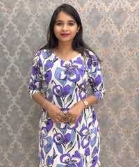 Purple and Gray with Half White Color V Neck Floral Flex Cotton Kurti with Pocket / LSS179