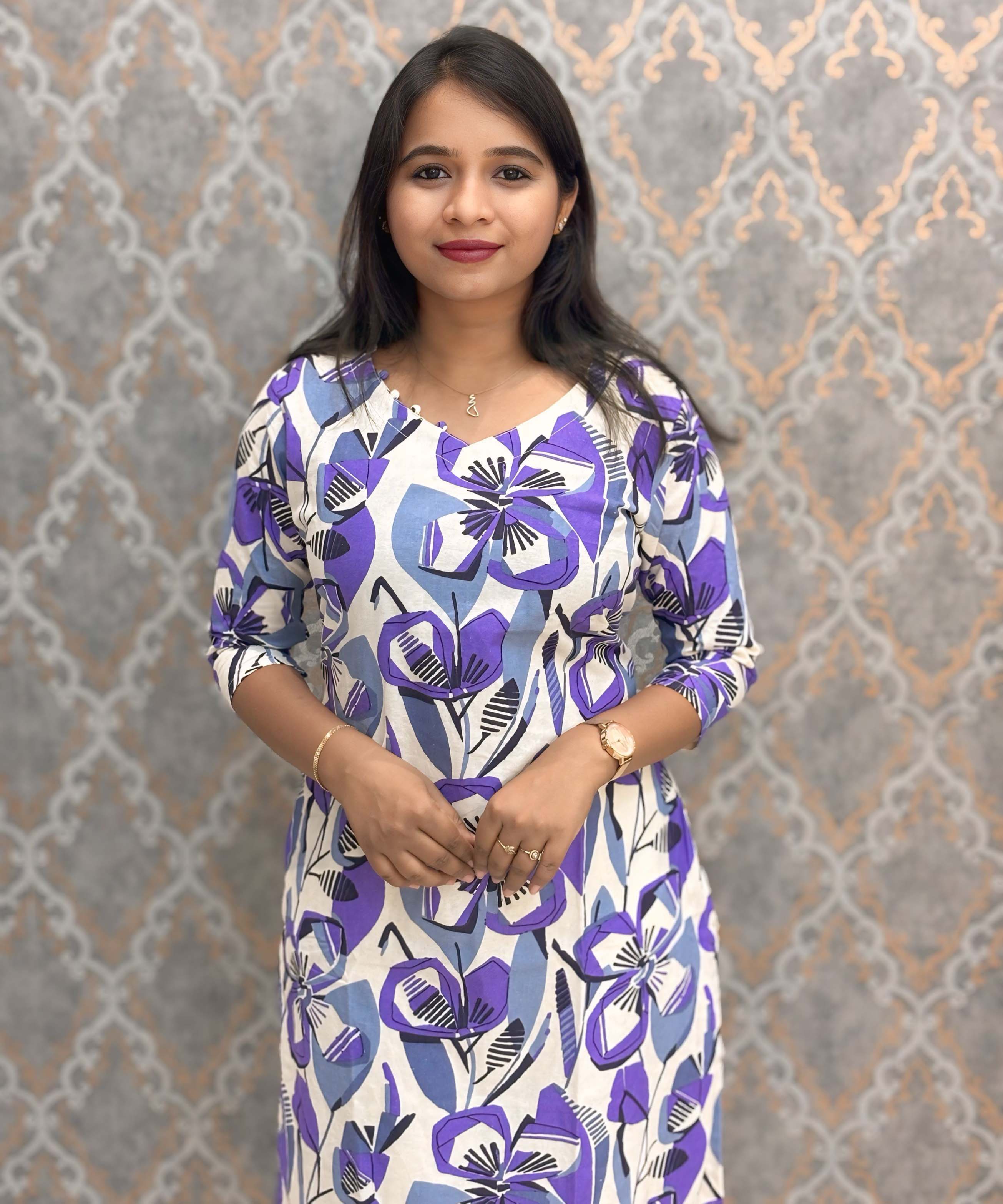 Purple and Gray with Half White Color V Neck Floral Flex Cotton Kurti with Pocket / LSS179