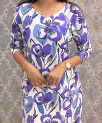 Purple and Gray with Half White Color V Neck Floral Flex Cotton Kurti with Pocket / LSS179