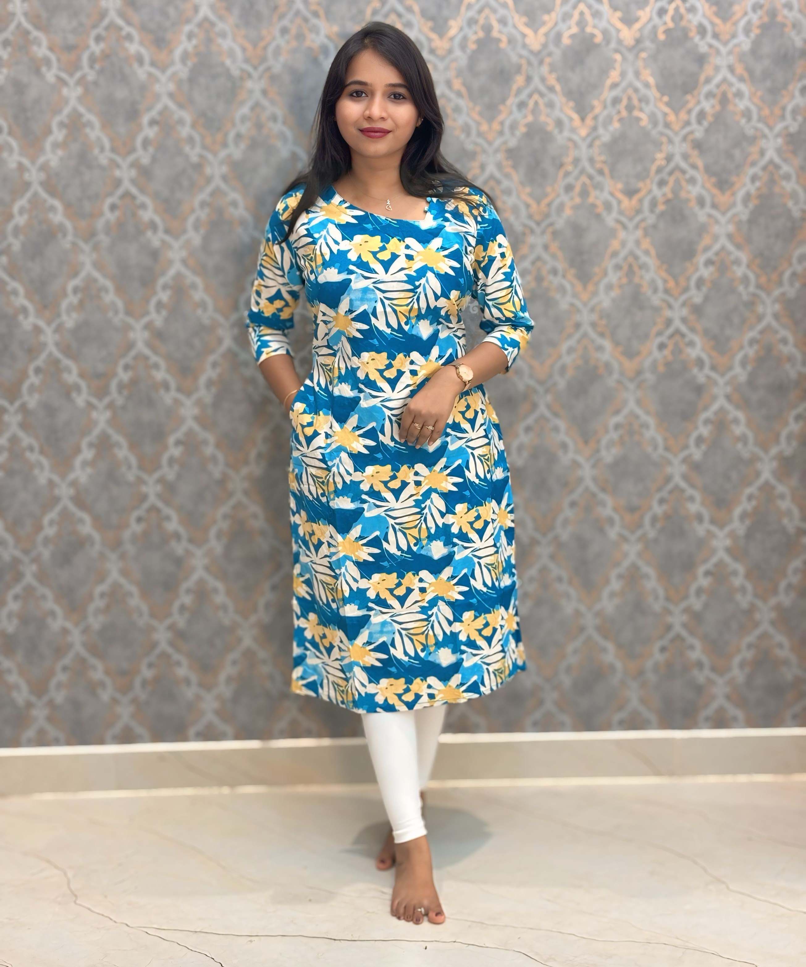 Sky Blue and Yellow with Half White Color Side Pattern Neck Floral Flex Cotton Kurti with Pocket / LSS179