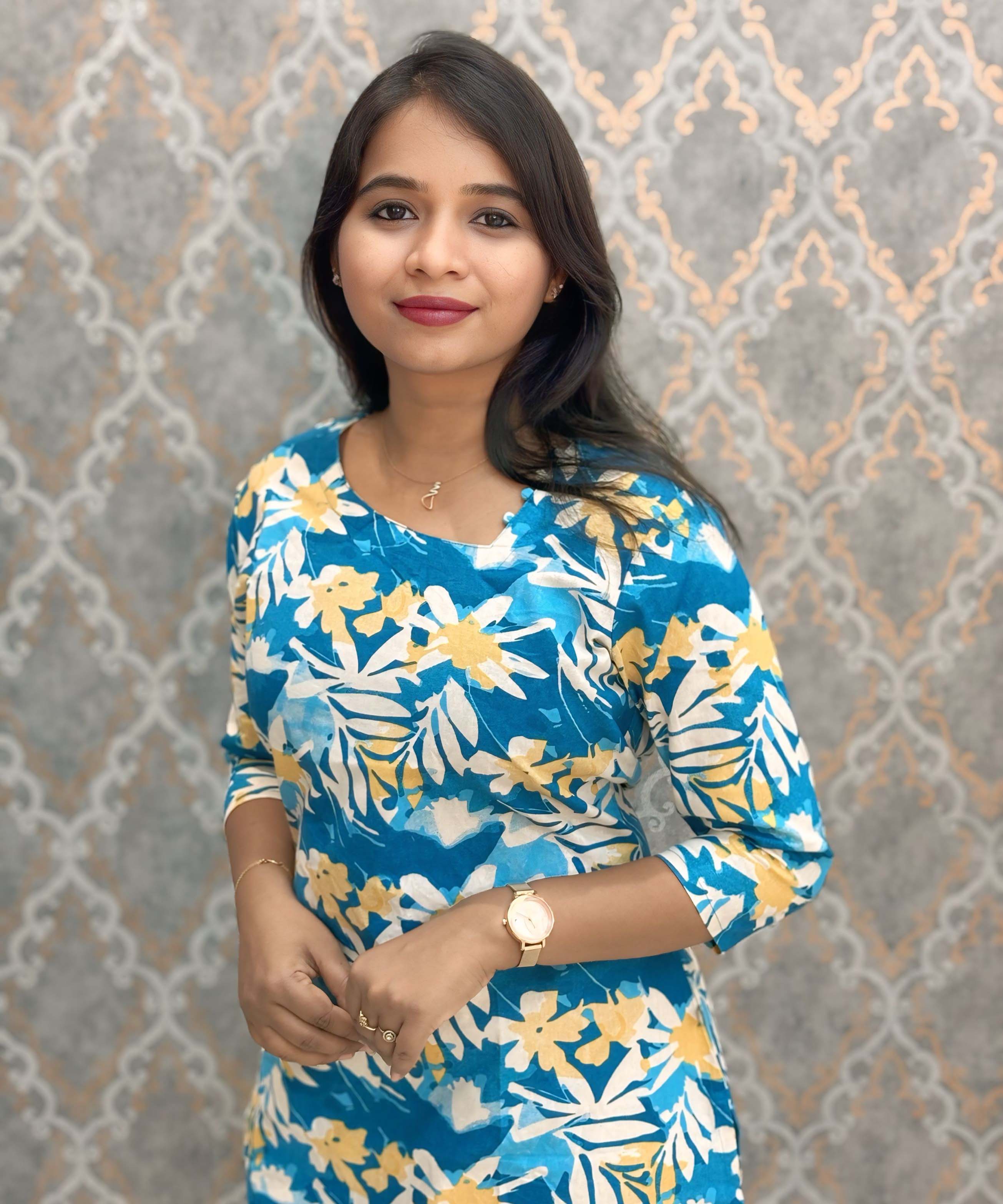 Sky Blue and Yellow with Half White Color Side Pattern Neck Floral Flex Cotton Kurti with Pocket / LSS179