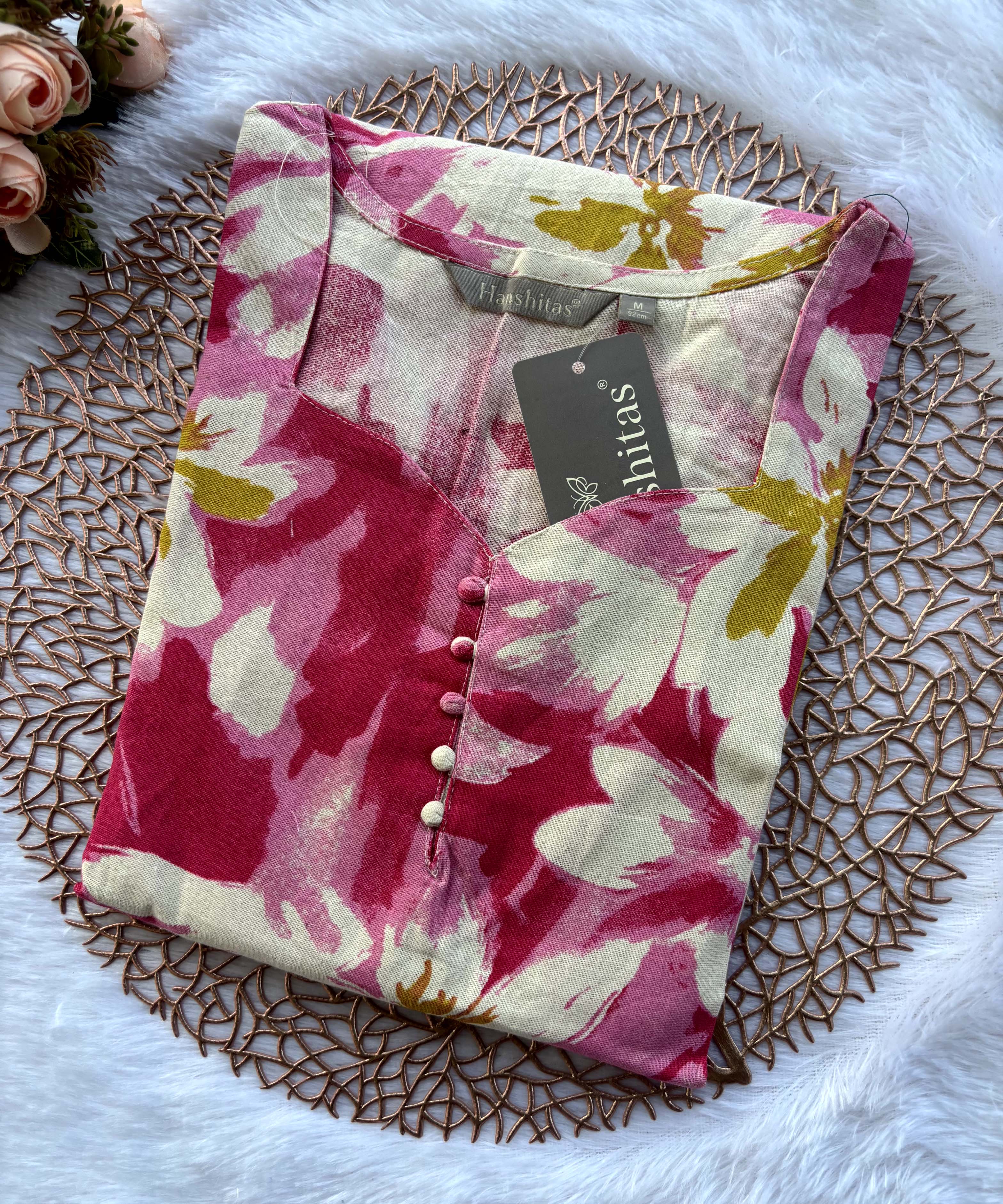 Pink with Half White Sweet Heart Neck Floral Flex Cotton Kurti with Pocket / LSS179