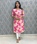 Pink with Half White Sweet Heart Neck Floral Flex Cotton Kurti with Pocket / LSS179