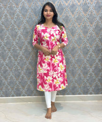 Pink with Half White Sweet Heart Neck Floral Flex Cotton Kurti with Pocket / LSS179