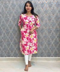 Pink with Half White Sweet Heart Neck Floral Flex Cotton Kurti with Pocket / LSS179