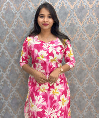 Pink with Half White Sweet Heart Neck Floral Flex Cotton Kurti with Pocket / LSS179