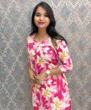Pink with Half White Sweet Heart Neck Floral Flex Cotton Kurti with Pocket / LSS179