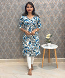 Gray and Blue with Half White V Neck Floral Flex Cotton Kurti with Pocket / LSS179