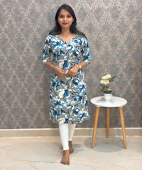 Gray and Blue with Half White V Neck Floral Flex Cotton Kurti with Pocket / LSS179