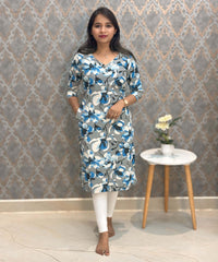 Gray and Blue with Half White V Neck Floral Flex Cotton Kurti with Pocket / LSS179