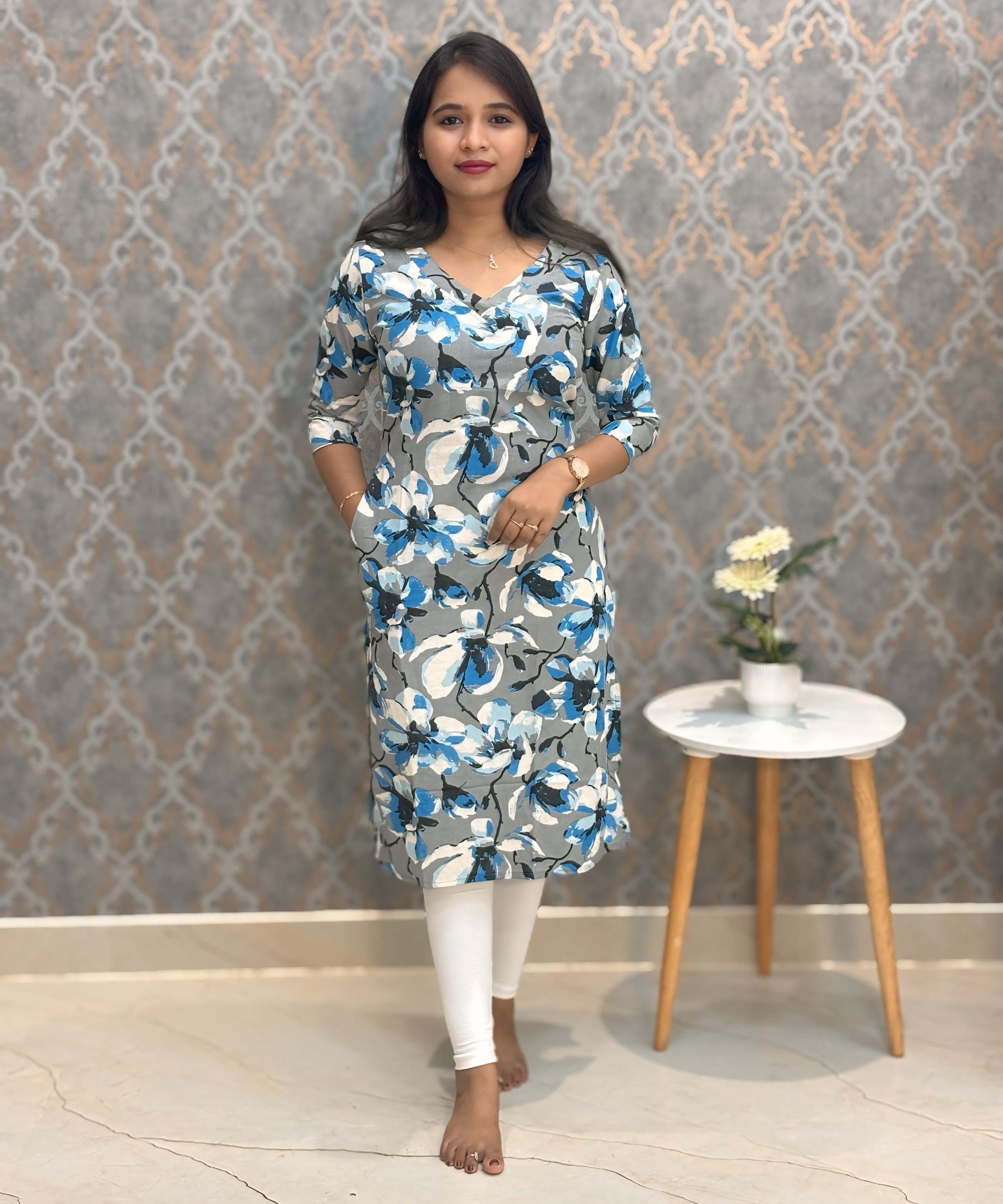 Gray and Blue with Half White V Neck Floral Flex Cotton Kurti with Pocket / LSS179