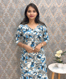 Gray and Blue with Half White V Neck Floral Flex Cotton Kurti with Pocket / LSS179