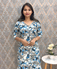 Gray and Blue with Half White V Neck Floral Flex Cotton Kurti with Pocket / LSS179