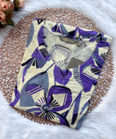 Purple and Gray with Half White Color V Neck Floral Flex Cotton Kurti with Pocket / LSS179