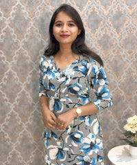 Gray and Blue with Half White V Neck Floral Flex Cotton Kurti with Pocket / LSS179