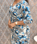 Gray and Blue with Half White V Neck Floral Flex Cotton Kurti with Pocket / LSS179