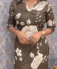 Lite Brown with Beige Color Floral Linen Slub Straight Cut V Neck Kurti with Pocket / LSS202