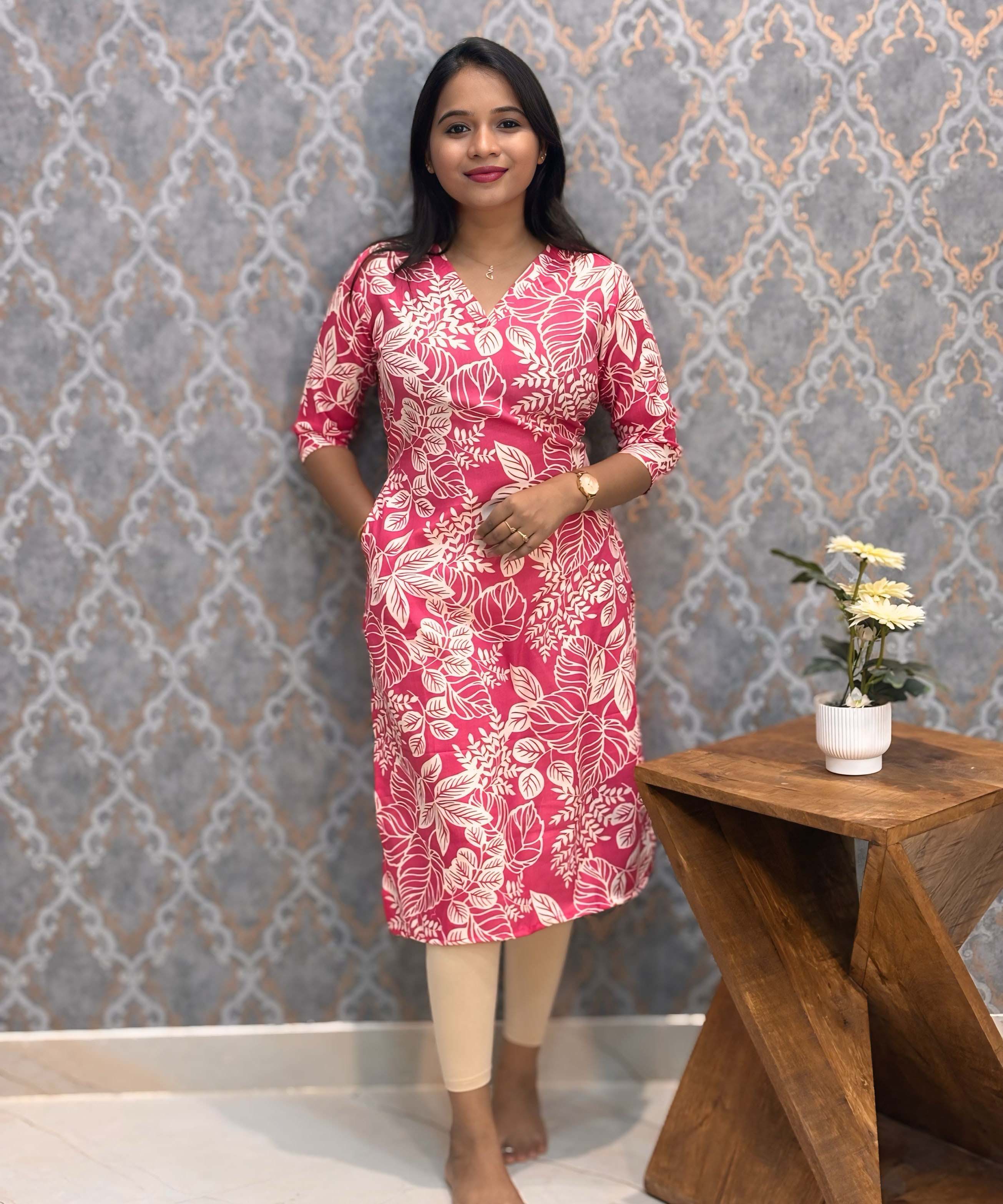 Pink and White Color Floral Linen Slub Straight Cut V Neck Kurti with Pocket / LSS202