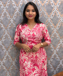 Pink and White Color Floral Linen Slub Straight Cut V Neck Kurti with Pocket / LSS202