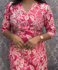 Pink and White Color Floral Linen Slub Straight Cut V Neck Kurti with Pocket / LSS202