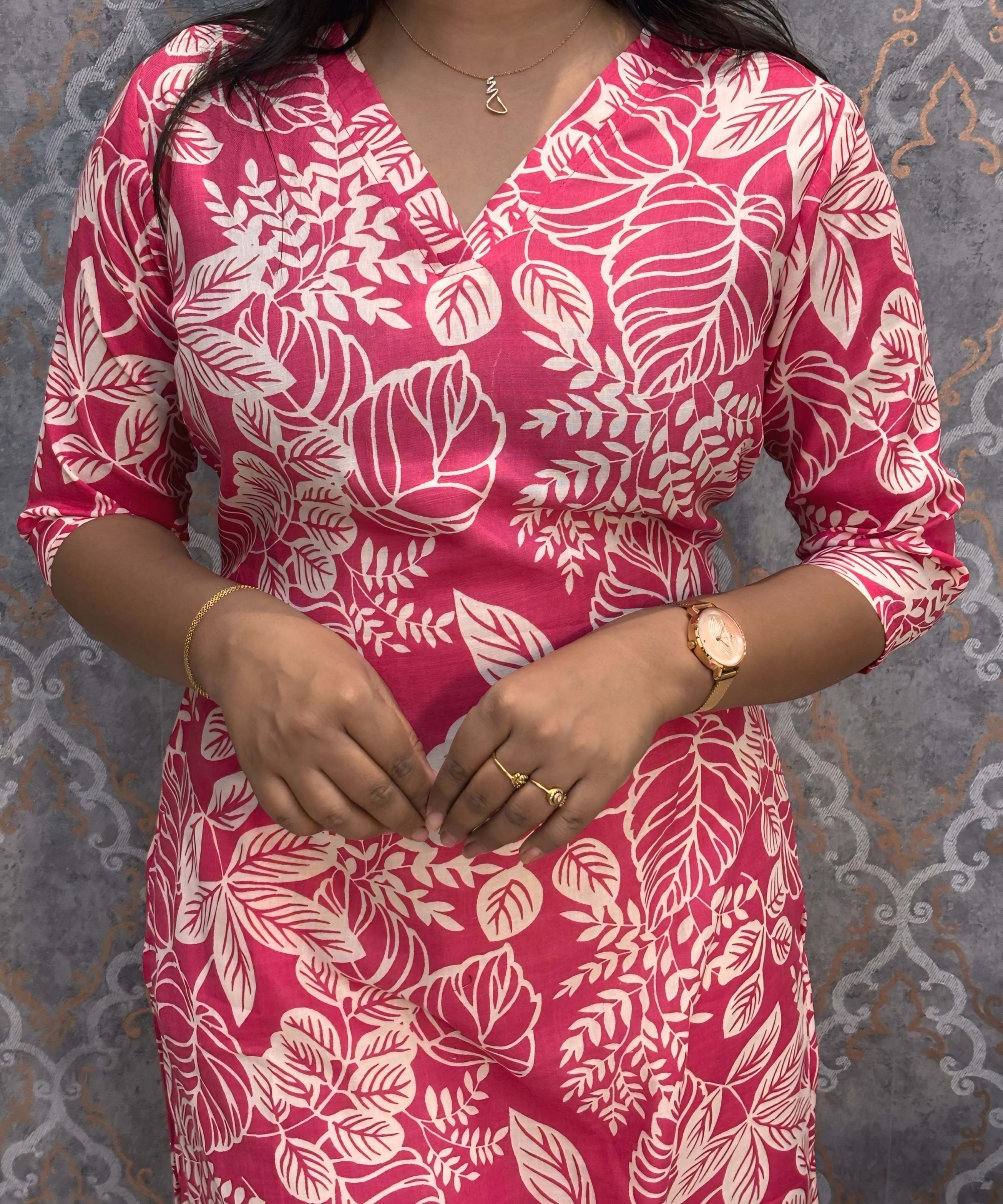 Pink and White Color Floral Linen Slub Straight Cut V Neck Kurti with Pocket / LSS202