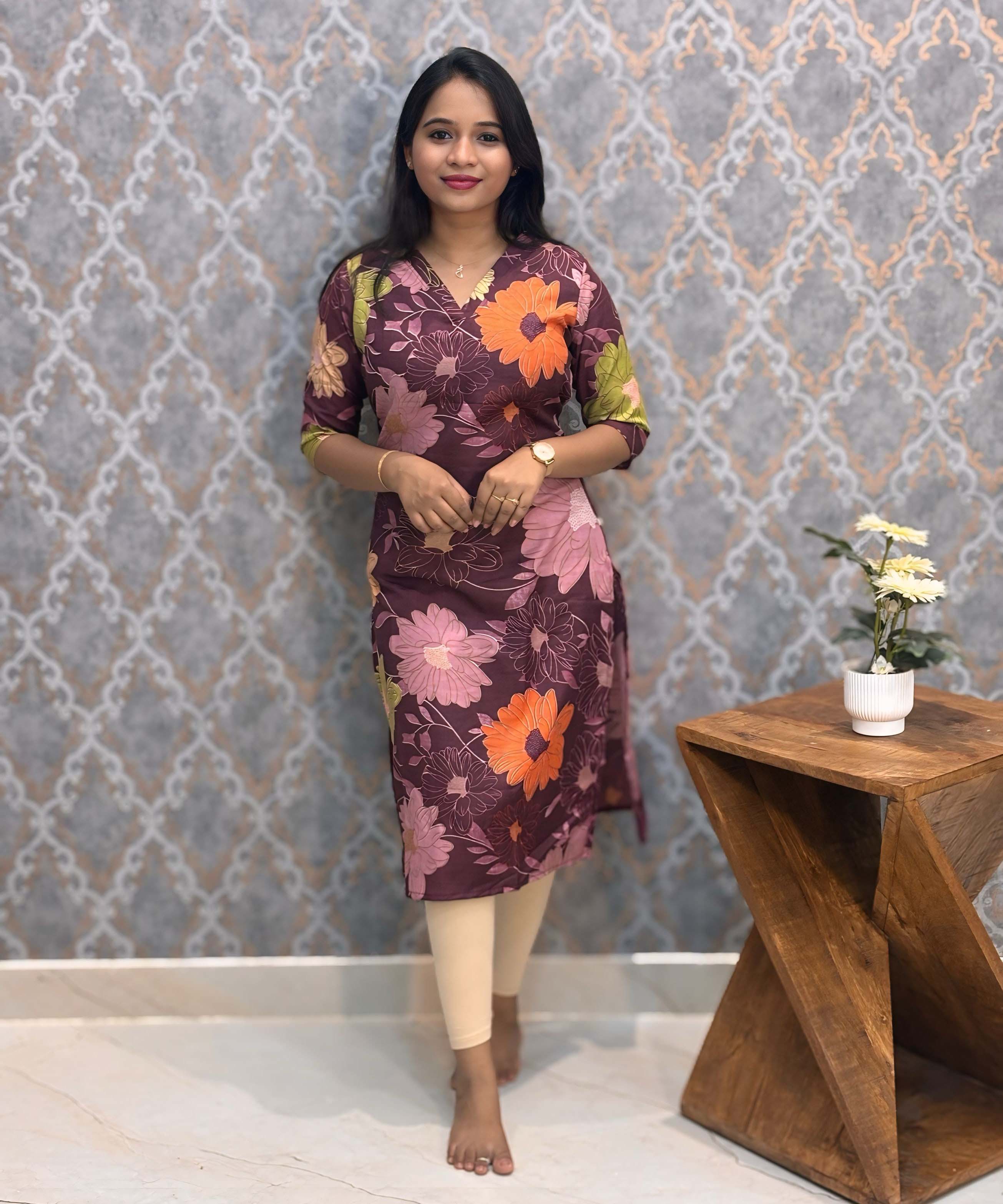 Purple with Multicolor Floral Prints Linen Slub Straight Cut V Neck Kurti with Pocket / LSS202