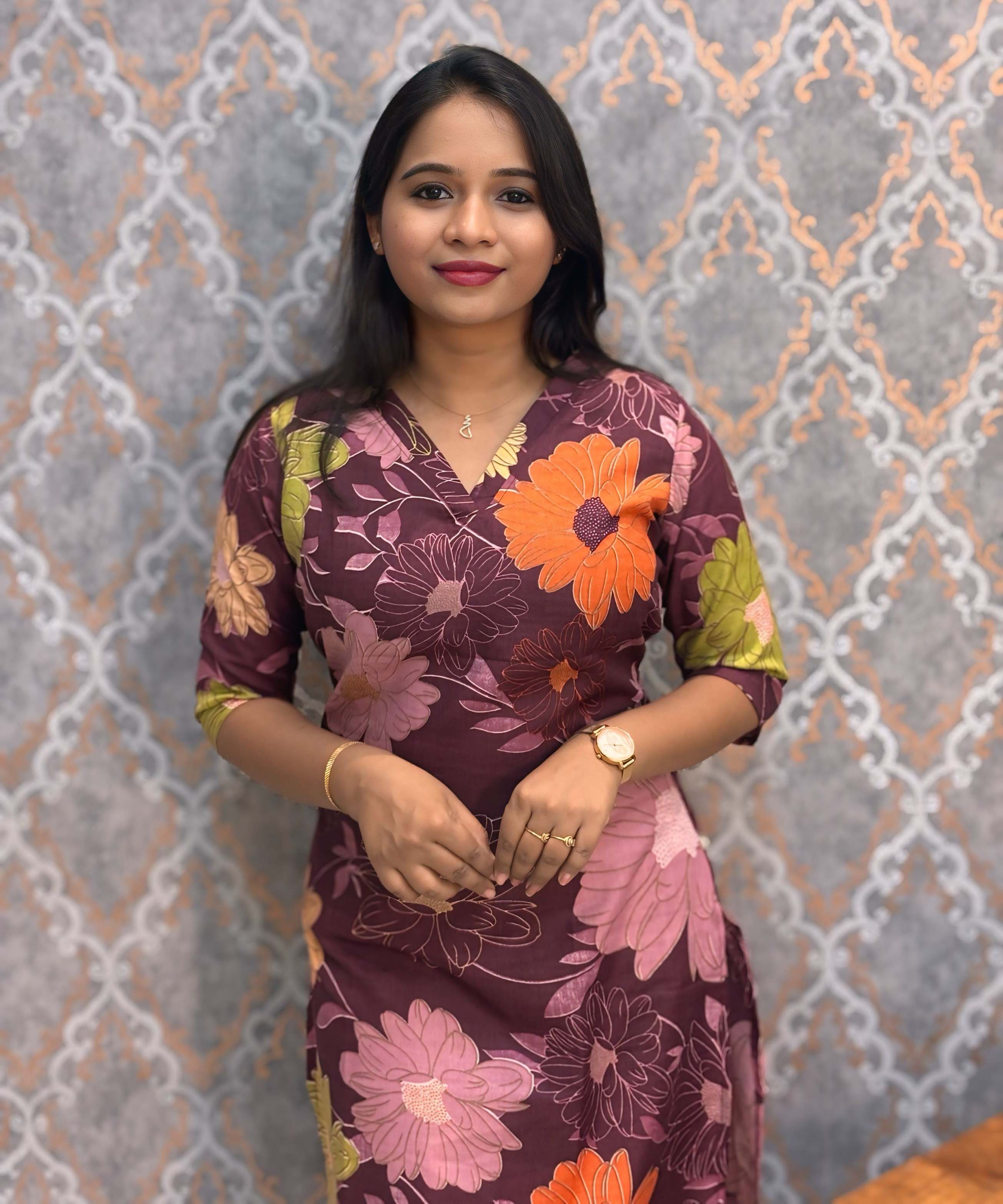 Purple with Multicolor Floral Prints Linen Slub Straight Cut V Neck Kurti with Pocket / LSS202