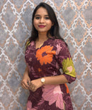 Purple with Multicolor Floral Prints Linen Slub Straight Cut V Neck Kurti with Pocket / LSS202