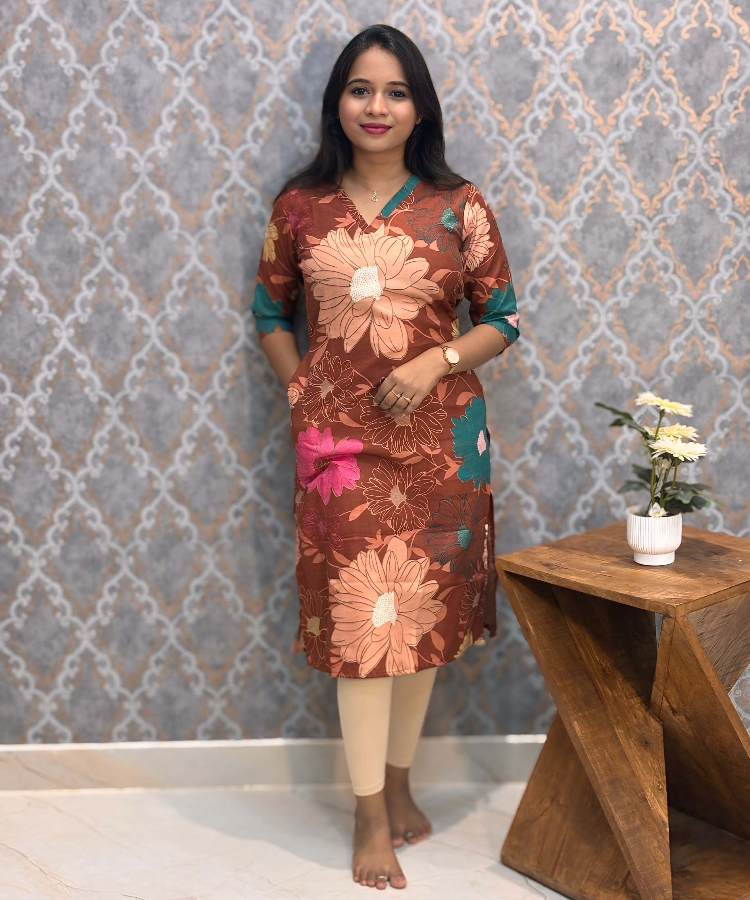 Rust Brown with Multicolor Floral Prints Linen Slub Straight Cut V Neck Kurti with Pocket / LSS202