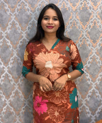 Rust Brown with Multicolor Floral Prints Linen Slub Straight Cut V Neck Kurti with Pocket / LSS202