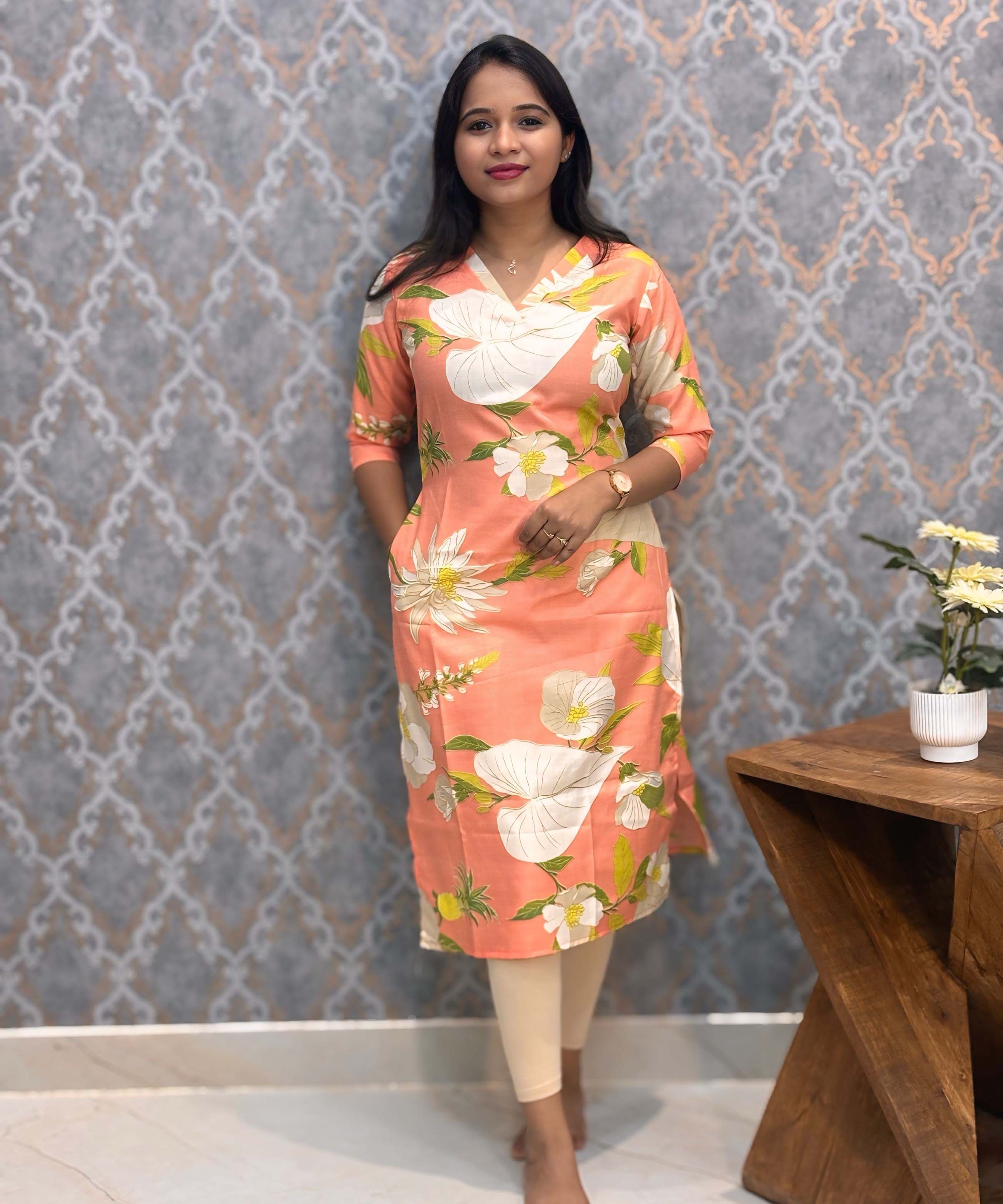 Lite Orange Color Floral Prints Linen Slub Straight Cut V Neck Kurti with Pocket / LSS202