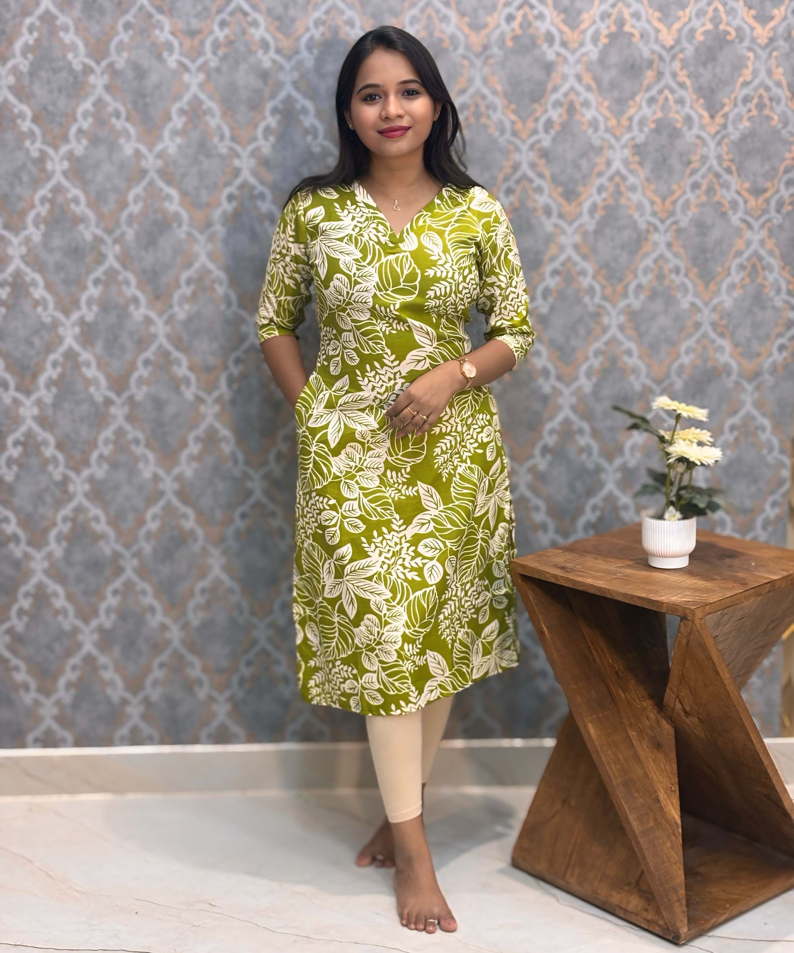 Green and White Color Floral Linen Slub Straight Cut V Neck Kurti with Pocket / LSS202