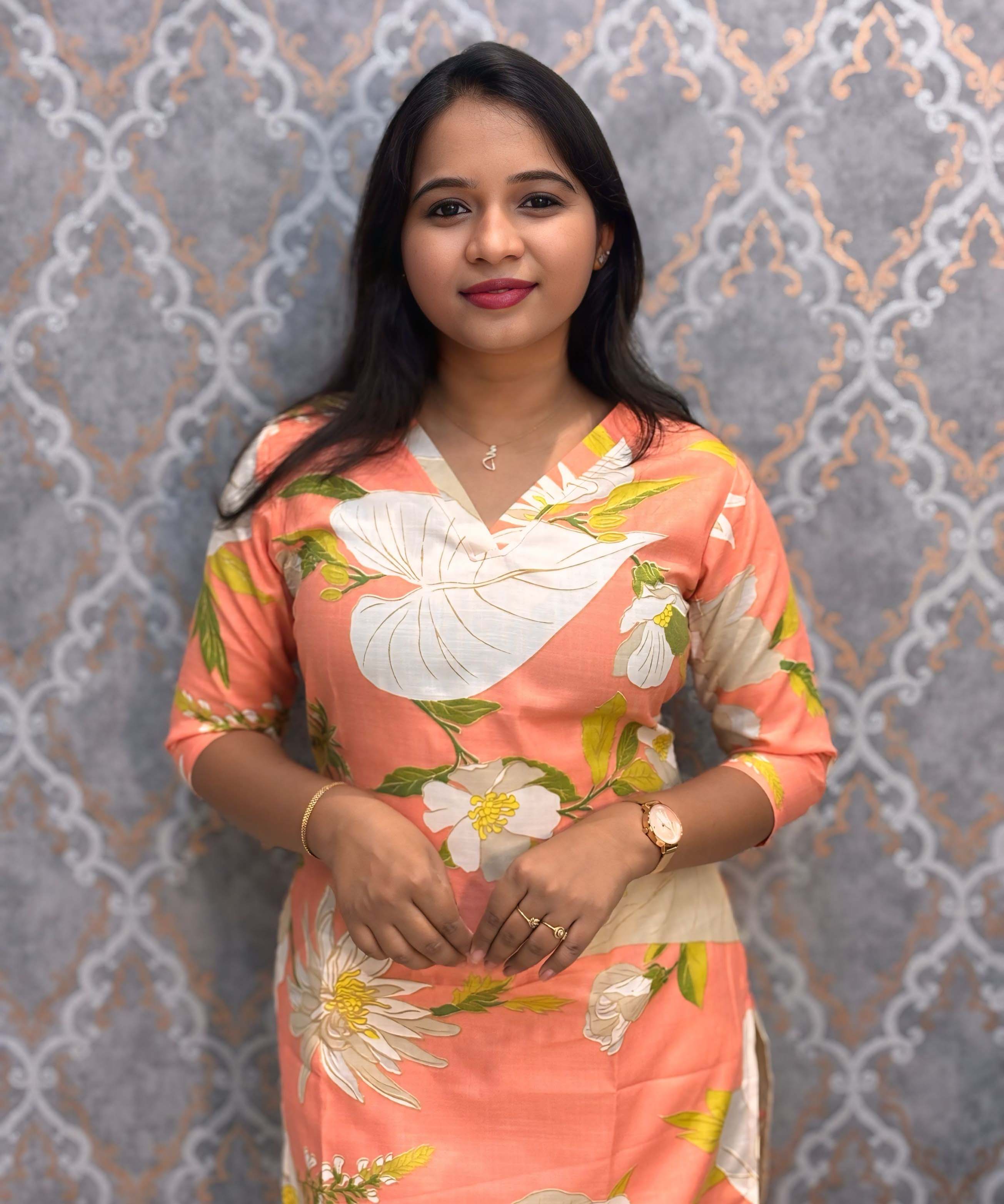 Lite Orange Color Floral Prints Linen Slub Straight Cut V Neck Kurti with Pocket / LSS202