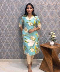 Sea Blue Color Floral Prints Linen Slub Straight Cut V Neck Kurti with Pocket / LSS202