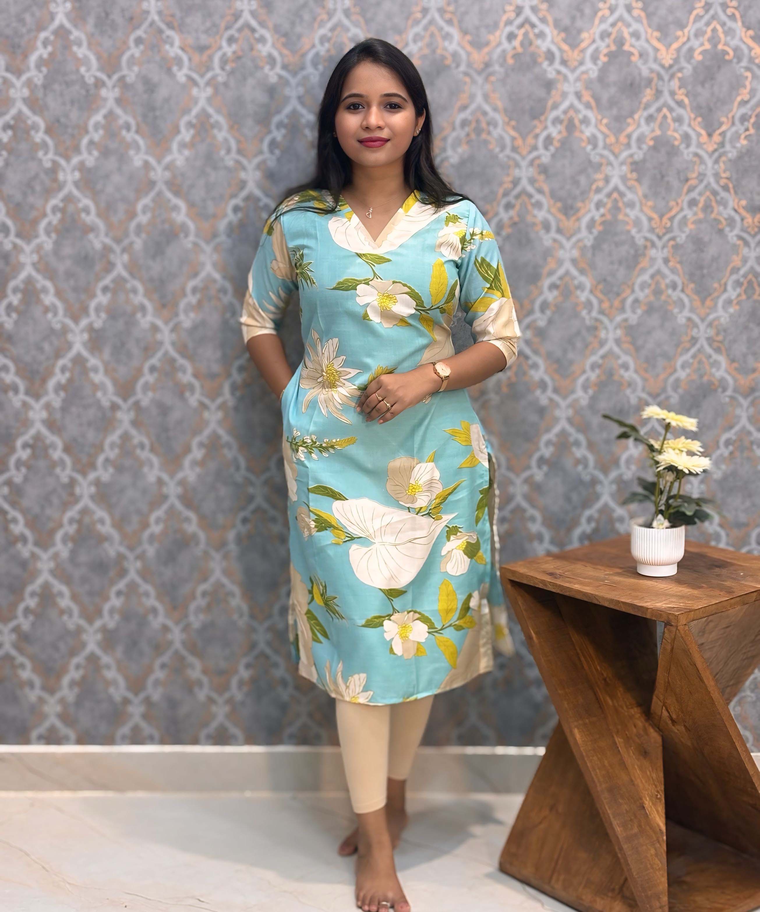 Sea Blue Color Floral Prints Linen Slub Straight Cut V Neck Kurti with Pocket / LSS202